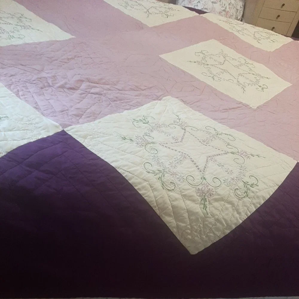 Vintage Purple Quilt Hand Embroidered and Hand Quilted Queen 79 x 102 Queen